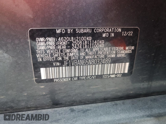 2022 Subaru WRX Limited with VIN JF1VBAN65N8032489, listed as a Copart auction lot 68554994 with 16,734 mi miles and Salvage Title. Bid and sale history available at carsss.com. Image 14.