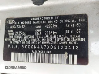 2013 Kia Optima EX with VIN 5XXGN4A7XDG120413, listed as a IAAI auction lot 42756581 with 174,242 mi miles and . Bid and sale history available at DreamBid. Image 9.