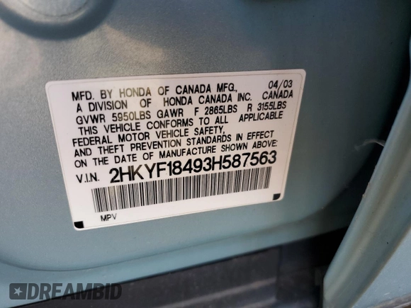 2003 Honda Pilot EX with VIN 2HKYF18493H587563, listed as a Copart auction lot 54897205 with 120,408 mi miles and Salvage Title. Bid and sale history available at carsss.com. Image 14.