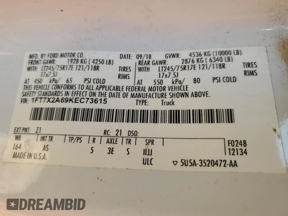2019 Ford F-250 XL z VIN 1FT7X2A69KEC73615, wystawiony jako Copart lot #81683574 z przebiegiem 125 534 mil mil oraz Szkoda całkowita • Salvage title. Historia ofert i sprzedaży dostępna na DreamBid. Obrazek 10.