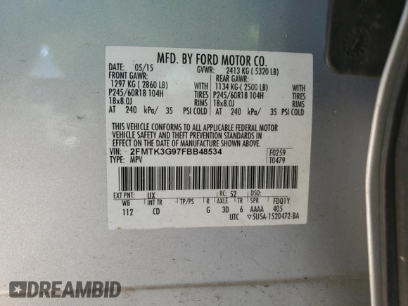 2015 Ford Edge SE с VIN 2FMTK3G97FBB48534, выставлен на аукционе Copart как лот 83452554 с пробегом 146 957 миль миль и Списание • Salvage title. История ставок и продаж доступна на DreamBid. Изображение 15.