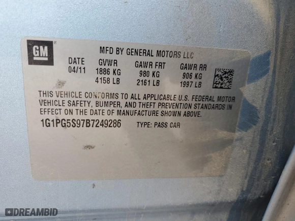 2011 Chevrolet Cruze LT w/2LT with VIN 1G1PG5S97B7249286, listed as a Copart auction lot 44778905 with 188,945 mi miles and Salvage Title. Bid and sale history available at carsss.com. Image 14.