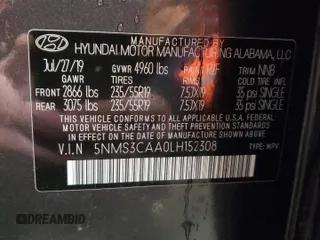 2020 Hyundai Santa Fe SEL with VIN 5NMS3CAA0LH152308, listed as a Copart auction lot 87057694 with 38,271 mi miles and Salvage Title. Bid and sale history available at carsss.com. Image 12.
