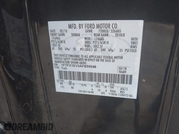 2010 Ford F-150 XL with VIN 1FTFX1EV3AFB59948, listed as a IAAI auction lot 42282930 with 179,930 mi miles and . Bid and sale history available at DreamBid. Image 9.