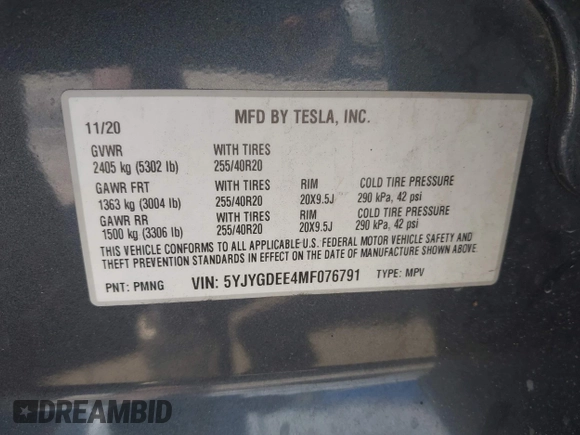 2021 Tesla Model Y Long Range with VIN 5YJYGDEE4MF076791, listed as a IAAI auction lot 41945750 with Not Provided miles and . Bid and sale history available at DreamBid. Image 8.