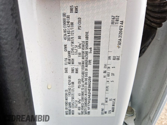 2017 Ford F-250 XL with VIN 1FT7W2A62HEB60259, listed as a Copart auction lot 63471355 with 107,247 mi miles and Clean title. Bid and sale history available at DreamBid. Image 12.
