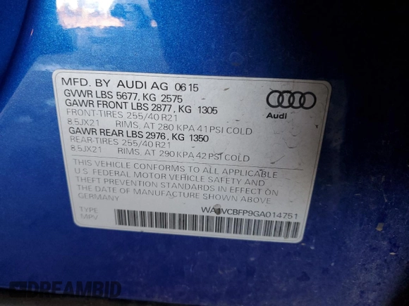 2016 Audi SQ5 with VIN WA1VCBFP9GA014751, listed as a Copart auction lot 48261565 with 98,970 mi miles and Salvage Title. Bid and sale history available at DreamBid. Image 12.