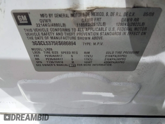 2008 Saturn VUE XR z VIN 3GSCL53758S686894, wystawiony jako IAAI lot #42101631 z przebiegiem 150 809 mil mil oraz . Historia ofert i sprzedaży dostępna na DreamBid. Obrazek 9.