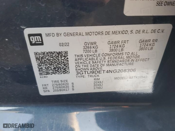 2022 GMC Sierra 1500 Limited SLT with VIN 3GTU9DET4NG208306, listed as a Copart auction lot 84487394 with 27,423 mi miles and Salvage Title. Bid and sale history available at carsss.com. Image 12.
