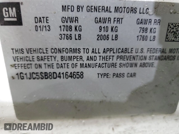2013 Chevrolet Sonic LT with VIN 1G1JC5SB8D4164658, listed as a Copart auction lot 47059365 with 105,985 mi miles and Salvage Title. Bid and sale history available at DreamBid. Image 12.