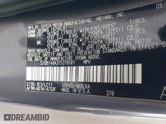 2007 Toyota Sequoia Limited with VIN 5TDBT48A37S278581, listed as a IAAI auction lot 42182841 with 131,041 mi miles and . Bid and sale history available at DreamBid. Image 9.