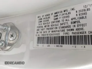 2012 Honda Accord EX with VIN 1HGCS1B7XCA005522, listed as a IAAI auction lot 42485564 with 84,073 mi miles and . Bid and sale history available at DreamBid. Image 9.