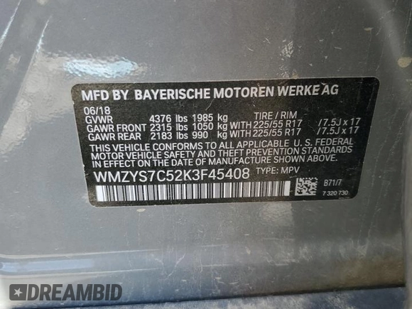 2019 MINI Countryman Cooper with VIN WMZYS7C52K3F45408, listed as a Copart auction lot 59002535 with Not provided miles and Salvage title. Bid and sale history available at DreamBid. Image 13.