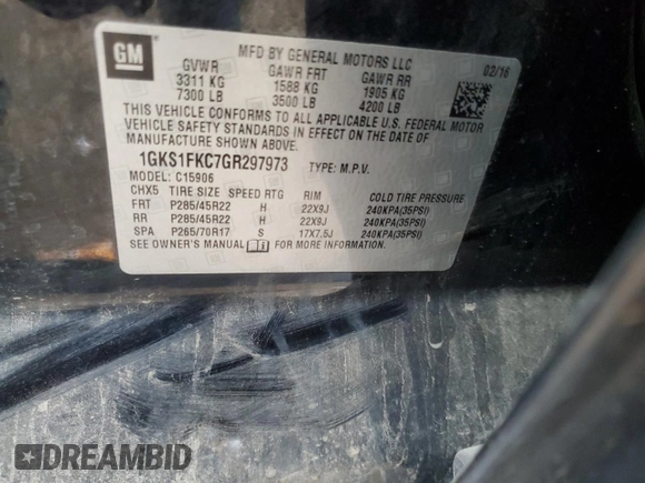 2016 GMC Yukon XL SLE with VIN 1GKS1FKC7GR297973, listed as a Copart auction lot 76981724 with 0 mi miles and Clean Title. Bid and sale history available at carsss.com. Image 13.