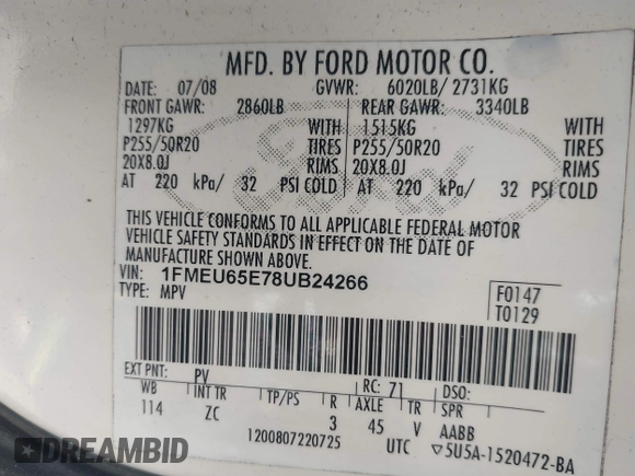2008 Ford Explorer Limited with VIN 1FMEU65E78UB24266, listed as a IAAI auction lot 42425609 with 165,073 mi miles and . Bid and sale history available at DreamBid. Image 9.