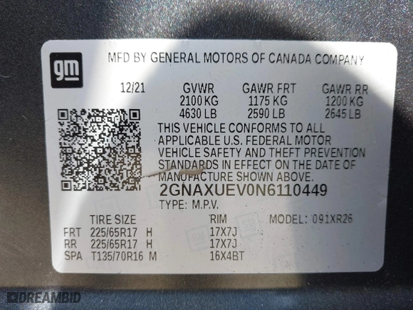 2022 Chevrolet Equinox LT with VIN 2GNAXUEV0N6110449, listed as a IAAI auction lot 41785236 with 124,258 mi miles. Bid and sale history available at carsss.com. Image 9.