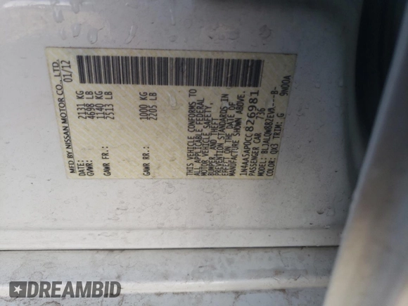 2012 Nissan Maxima S with VIN 1N4AA5AP0CC826981, listed as a Copart auction lot 48478105 with 74,365 mi miles and Salvage Title. Bid and sale history available at DreamBid. Image 12.