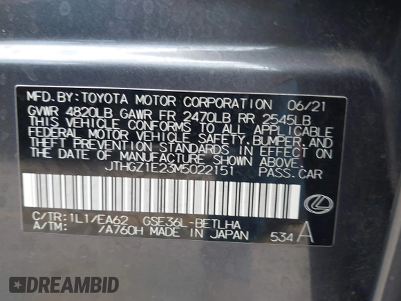 2021 Lexus IS 350 F Sport с VIN JTHGZ1E23M5022151, выставлен на аукционе IAAI как лот 42426248 с пробегом 26 937 миль миль и . История ставок и продаж доступна на DreamBid. Изображение 9.