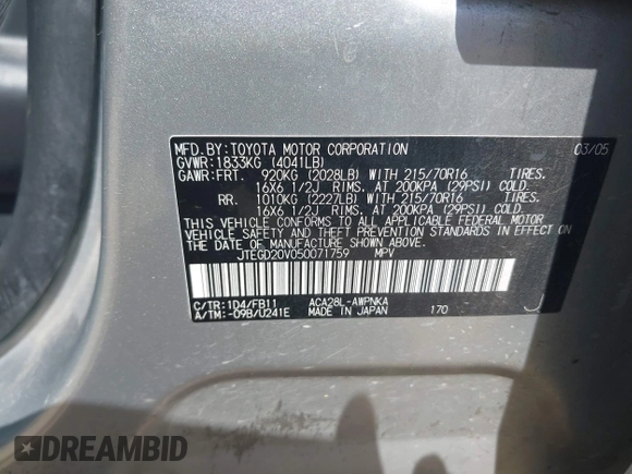 2005 Toyota RAV4 with VIN JTEGD20V050071759, listed as a IAAI auction lot 42217125 with 190,361 mi miles and . Bid and sale history available at DreamBid. Image 9.