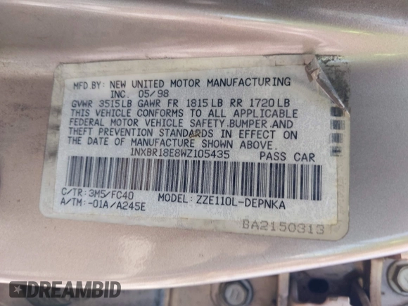 1998 Toyota Corolla VE with VIN 1NXBR18E8WZ105435, listed as a IAAI auction lot 42660562 with 295,050 mi miles and . Bid and sale history available at DreamBid. Image 9.