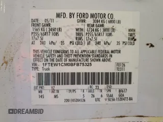 2011 Ford F-150 XL with VIN 1FTEW1CM0BFB75325, listed as a Copart auction lot 52133225 with 133,975 mi miles and Clean Title. Bid and sale history available at DreamBid. Image 12.