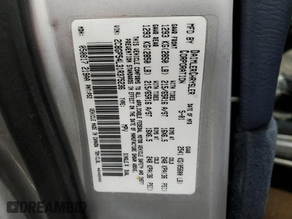 2001 Chrysler Town & Country LXi with VIN 2C8GP54L31R375236, listed as a Copart auction lot 85763534 with 193,013 mi miles and Salvage Title. Bid and sale history available at DreamBid. Image 14.