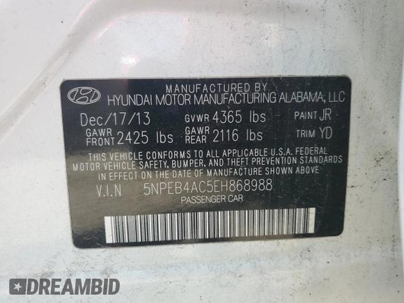 2014 Hyundai Sonata GLS with VIN 5NPEB4AC5EH868988, listed as a Copart auction lot 54207675 with Not Provided miles and Salvage Title. Bid and sale history available at carsss.com. Image 13.