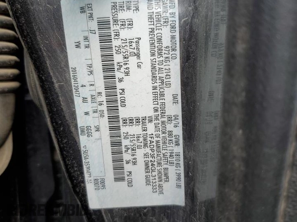 2016 Ford Focus SE z VIN 1FADP3F24GL313333, wystawiony jako Copart lot #60023715 z przebiegiem Nie podano mil oraz Szkoda całkowita • Salvage title. Historia ofert i sprzedaży dostępna na DreamBid. Obrazek 12.