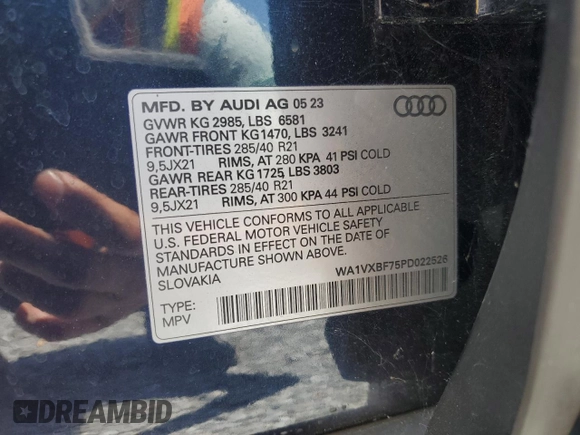 2023 Audi Q7 Prestige with VIN WA1VXBF75PD022526, listed as a Copart auction lot 61075745 with 18,307 mi miles and Salvage title. Bid and sale history available at DreamBid. Image 13.