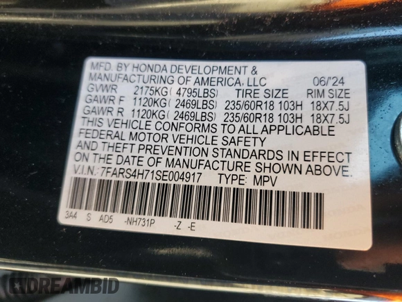 2025 Honda CR-V EX-L with VIN 7FARS4H71SE004917, listed as a Copart auction lot 51685505 with 36,403 mi miles and Salvage Title. Bid and sale history available at DreamBid. Image 13.