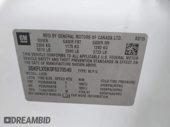2015 GMC Terrain SLT with VIN 2GKFLXEK0F6278549, listed as a IAAI auction lot 41549088 with Not Provided miles and . Bid and sale history available at carsss.com. Image 9.