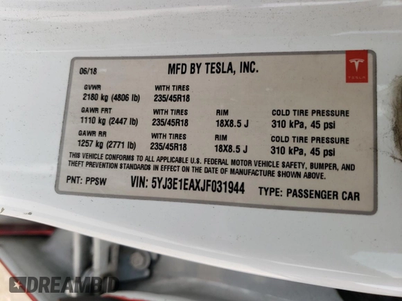 2018 Tesla Model 3 Long Range Battery with VIN 5YJ3E1EAXJF031944, listed as a Copart auction lot 53619445 with 146,031 mi miles and Salvage Title. Bid and sale history available at DreamBid. Image 12.