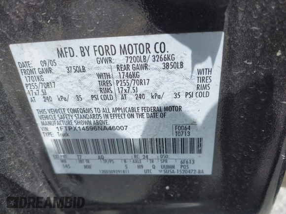 2006 Ford F-150 XLT with VIN 1FTPX14596NA46007, listed as a IAAI auction lot 42456270 with 285,218 mi miles and . Bid and sale history available at DreamBid. Image 9.