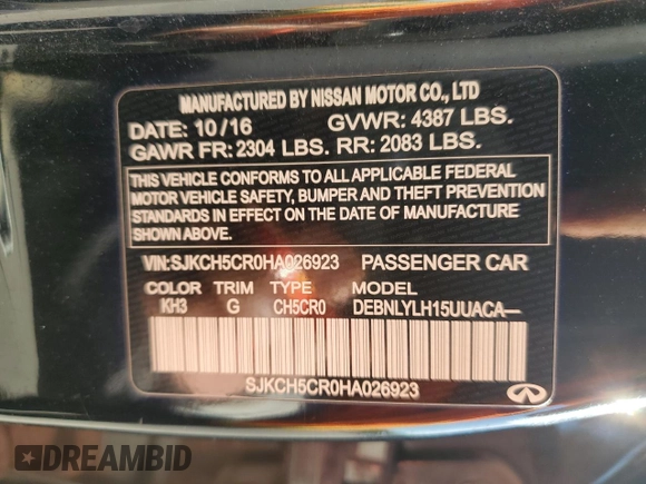 2017 Infiniti QX30 Premium with VIN SJKCH5CR0HA026923, listed as a Copart auction lot 55284585 with 114,868 mi miles and Salvage title. Bid and sale history available at DreamBid. Image 13.