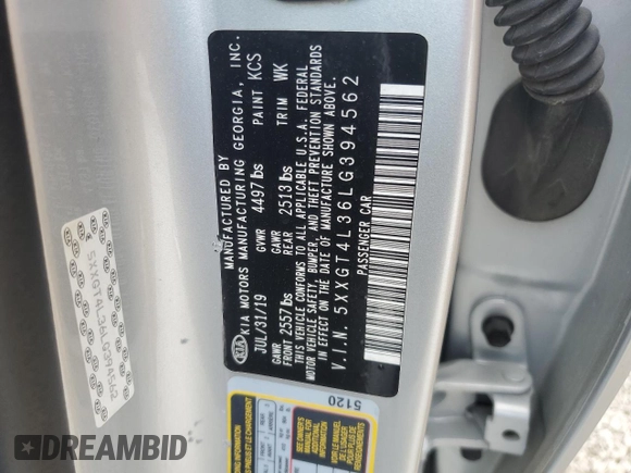 2020 Kia Optima SE with VIN 5XXGT4L36LG394562, listed as a Copart auction lot 51300755 with 133,680 mi miles and Salvage title. Bid and sale history available at DreamBid. Image 12.