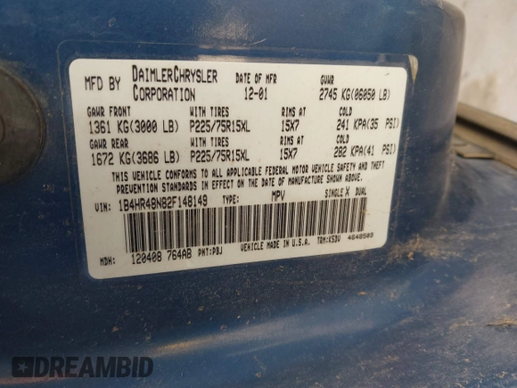 2002 Dodge Durango z VIN 1B4HR48N82F148149, wystawiony jako IAAI lot #41729679 z przebiegiem 140 185 mil mil oraz . Historia ofert i sprzedaży dostępna na DreamBid. Obrazek 9.