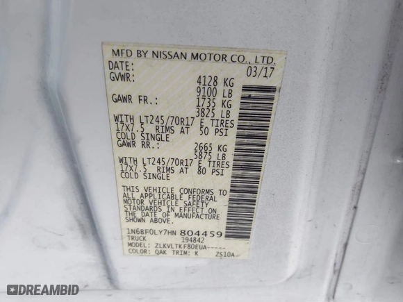 2017 Nissan NV Cargo SV with VIN 1N6BF0LY7HN804459, listed as a IAAI auction lot 41476394 with 141054 miles. Bid and sale history available at carsss.com. Image 9.