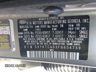 2015 Kia Sorento LX with VIN 5XYKTCA63FG654739, listed as a IAAI auction lot 42081544 with 121,024 mi miles. Bid and sale history available at carsss.com. Image 9.