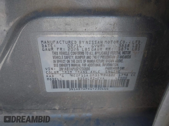 2016 Nissan Sentra SV with VIN 3N1AB7APXGY230666, listed as a IAAI auction lot 41892964 with Not Provided miles and . Bid and sale history available at DreamBid. Image 9.