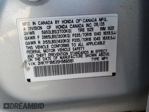 2005 Honda Pilot EX-L z VIN 2HKYF18635H569581, wystawiony jako Copart lot #57295595 z przebiegiem 209 697 mil mil oraz Szkoda całkowita • Salvage title. Historia ofert i sprzedaży dostępna na DreamBid. Obrazek 13.