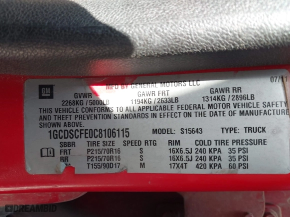 2012 Chevrolet Colorado LT w/1LT with VIN 1GCDSCFE0C8106115, listed as a IAAI auction lot 42049885 with 229,075 mi miles. Bid and sale history available at carsss.com. Image 9.