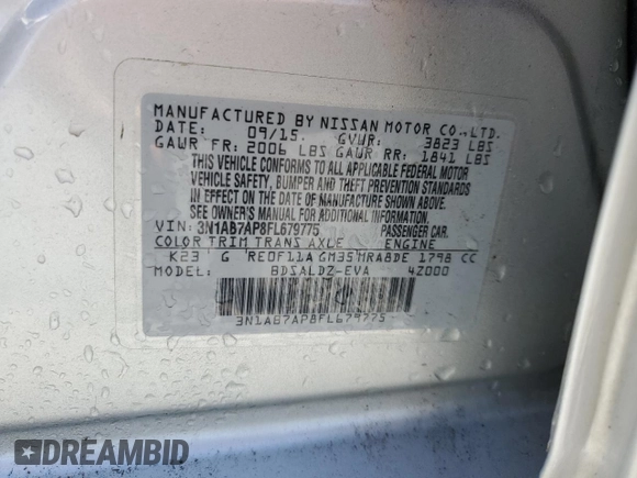 2015 Nissan Sentra SV with VIN 3N1AB7AP8FL679775, listed as a Copart auction lot 54896885 with 93,626 mi miles and Salvage Title. Bid and sale history available at DreamBid. Image 12.