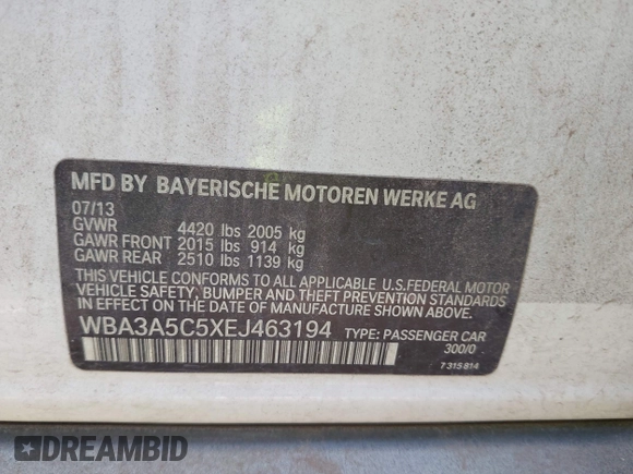 2014 BMW 3 Series 328i с VIN WBA3A5C5XEJ463194, выставлен на аукционе IAAI как лот 42528513 с пробегом 179 909 миль миль и . История ставок и продаж доступна на DreamBid. Изображение 9.