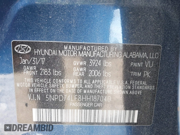 2017 Hyundai Elantra SE z VIN 5NPD74LF8HH187040, wystawiony jako IAAI lot #41350743 z przebiegiem 78 119 mil mil oraz . Historia ofert i sprzedaży dostępna na DreamBid. Obrazek 9.