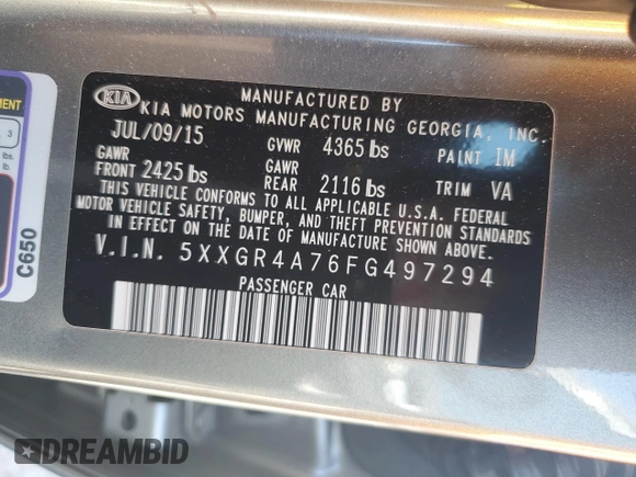 2015 Kia Optima SX with VIN 5XXGR4A76FG497294, listed as a Copart auction lot 48822885 with 91,418 mi miles and Salvage Title. Bid and sale history available at carsss.com. Image 12.