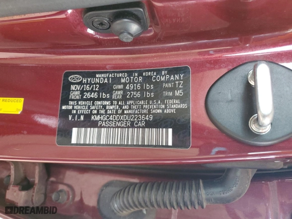 2013 Hyundai Genesis 3.8L with VIN KMHGC4DDXDU223649, listed as a Copart auction lot 51178495 with 182,237 mi miles and Salvage Title. Bid and sale history available at carsss.com. Image 14.