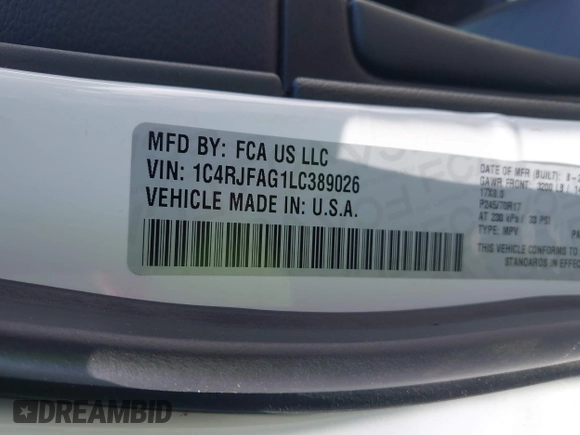 2020 Jeep Grand Cherokee Laredo E with VIN 1C4RJFAG1LC389026, listed as a IAAI auction lot 42261396 with 100,409 mi miles and . Bid and sale history available at DreamBid. Image 9.