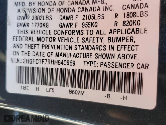 2017 Honda Civic Sedan EX-L with VIN 2HGFC1F79HH640969, listed as a Copart auction lot 54761305 with 125,167 mi miles and Clean Title. Bid and sale history available at carsss.com. Image 12.