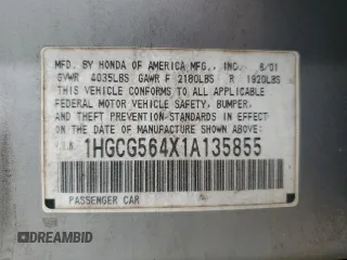 2001 Honda Accord LX z VIN 1HGCG564X1A135855, wystawiony jako Copart lot #57346815 z przebiegiem 235 585 mil mil oraz Szkoda całkowita • Salvage title. Historia ofert i sprzedaży dostępna na DreamBid. Obrazek 12.