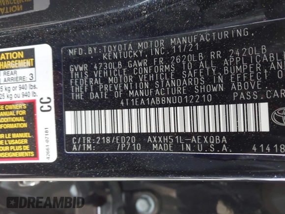 2022 Toyota Avalon Hybrid XSE Nightshade with VIN 4T1EA1AB8NU012210, listed as a IAAI auction lot 40747265 with 45,260 mi miles and . Bid and sale history available at DreamBid. Image 9.